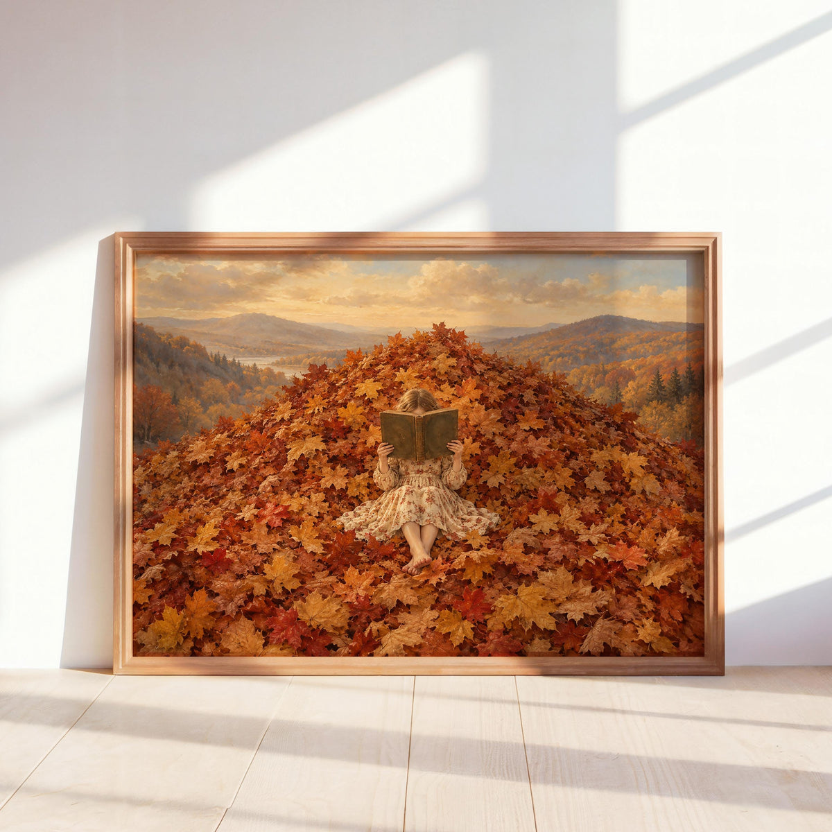 Autumn Girl Reading Book Poster, Cozy Fall Wall Art, Reading Nook Illustration, Golden Leaves Decor, Book Lover Bookish Literary Gift