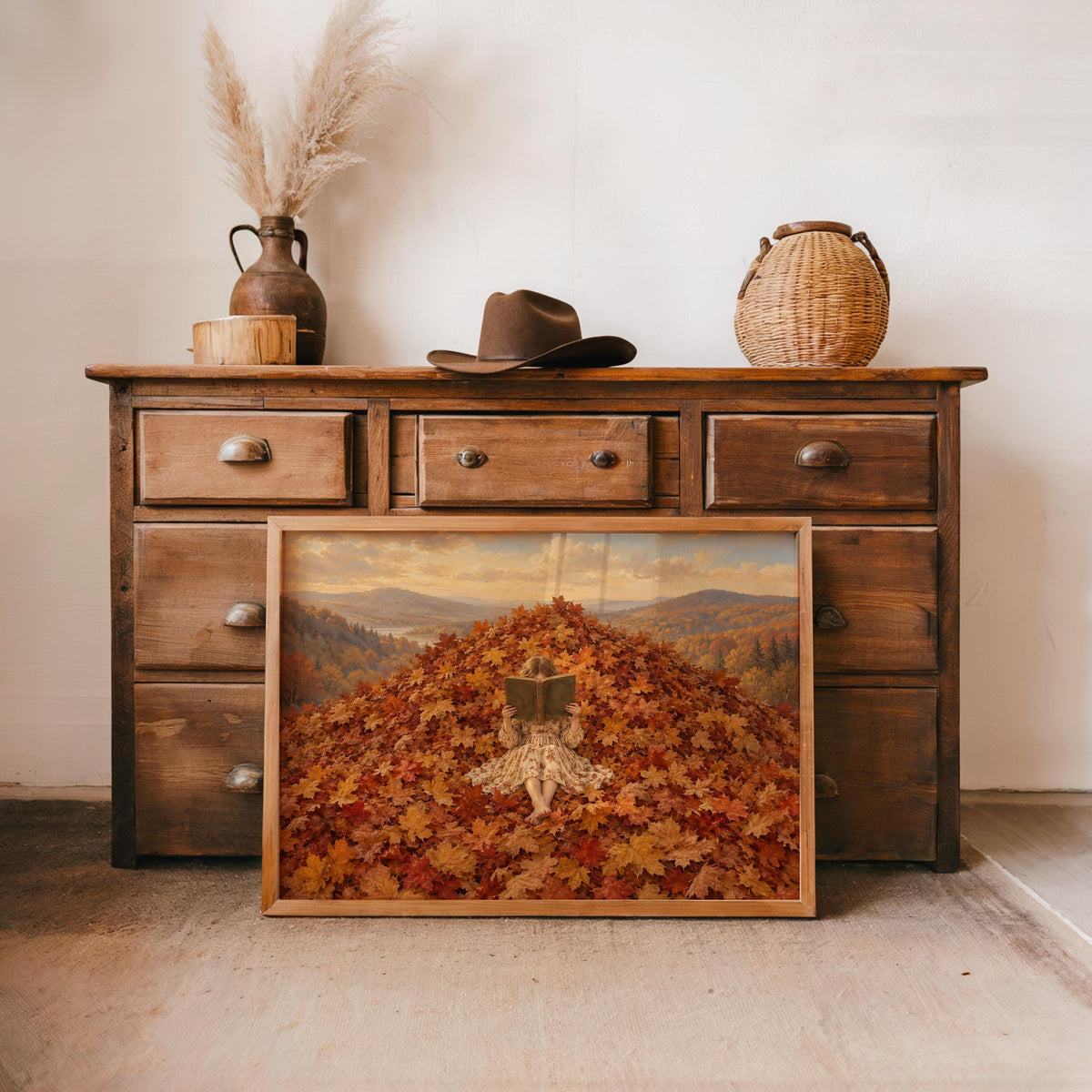 Autumn Girl Reading Book Poster, Cozy Fall Wall Art, Reading Nook Illustration, Golden Leaves Decor, Book Lover Bookish Literary Gift