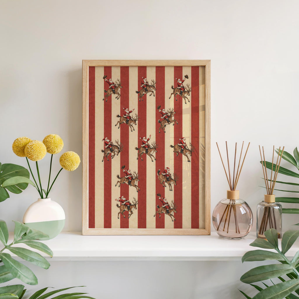 Santa Rodeo Reindeer Print, Vintage Christmas Cowboy Wall Art, Red Stripe Holiday Illustration, Retro Santa Claus Western Decor, Xmas Poster