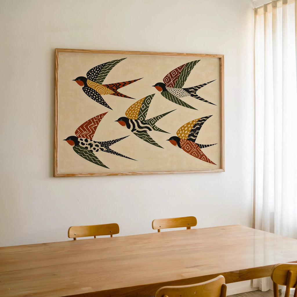 Folk Art Swallows Print, Geometric Bird Wall Decor, African Inspired Animals Poster, Earthy Rust Olive Mustard Artwork, Eclectic Living Room
