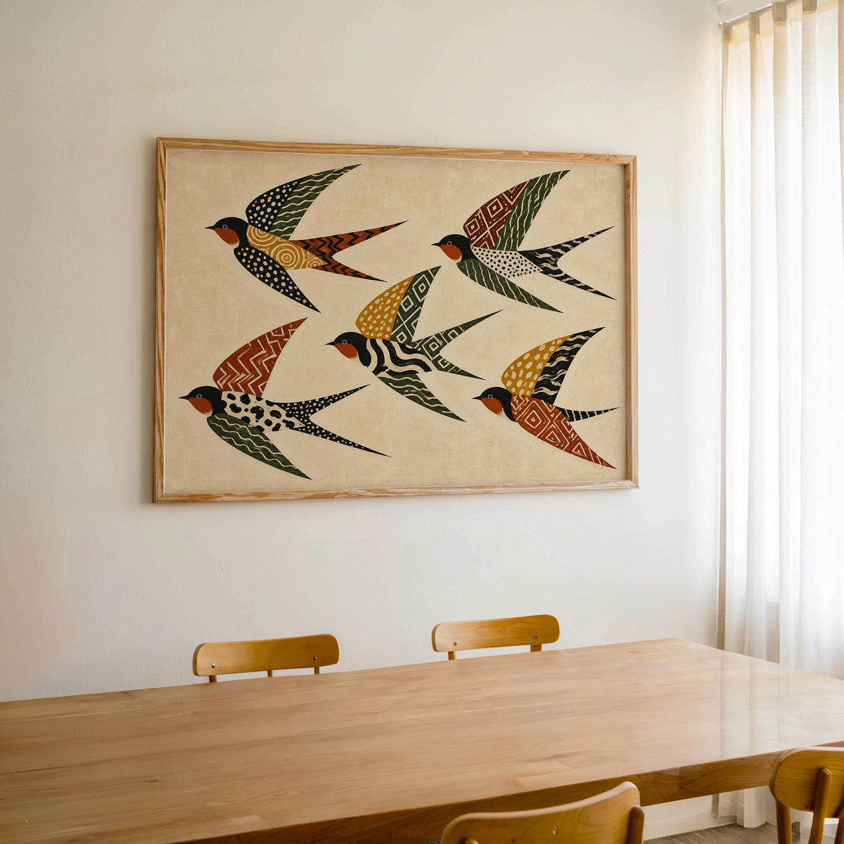 Folk Art Swallows Print, Geometric Bird Wall Decor, African Inspired Animals Poster, Earthy Rust Olive Mustard Artwork, Eclectic Living Room