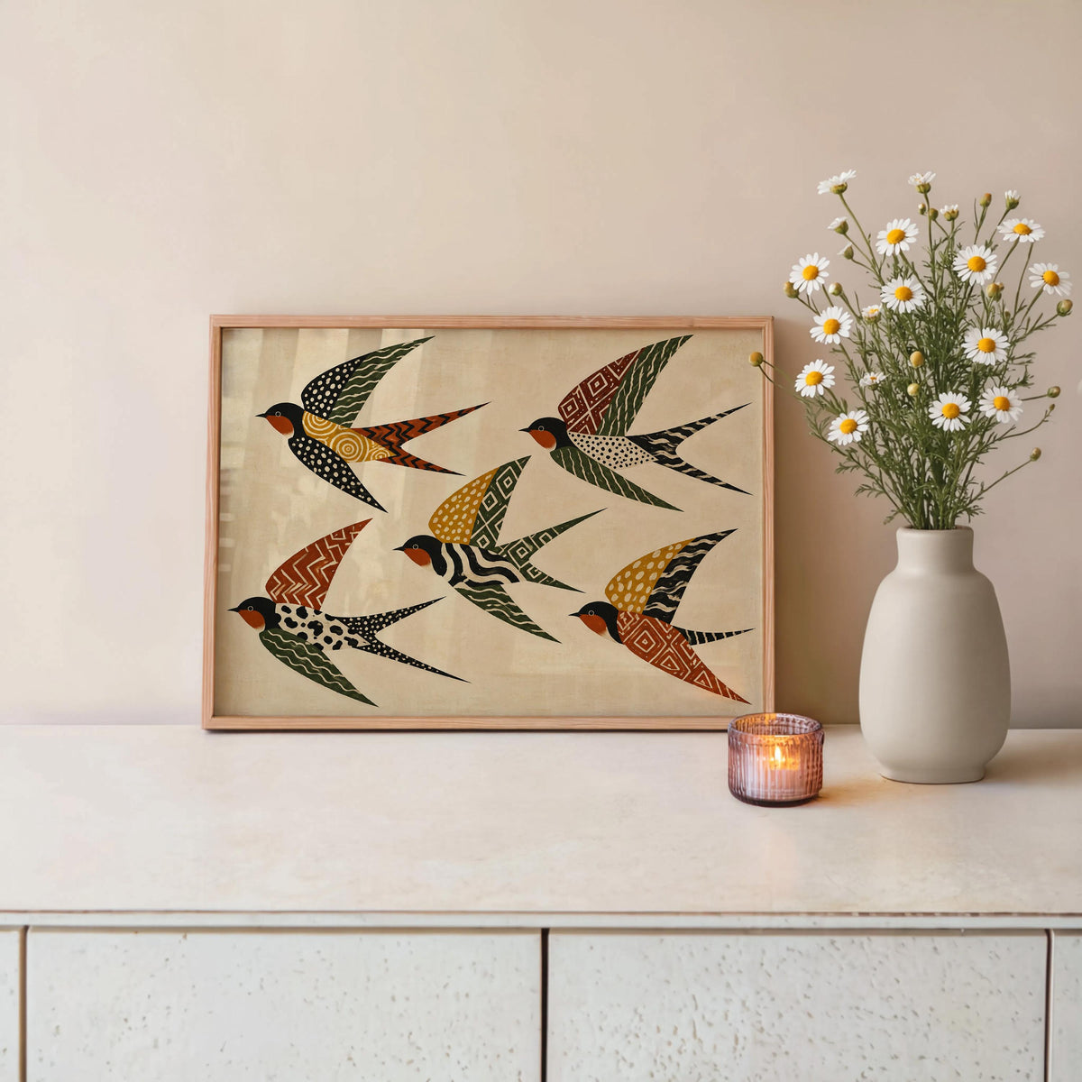 Folk Art Swallows Print, Geometric Bird Wall Decor, African Inspired Animals Poster, Earthy Rust Olive Mustard Artwork, Eclectic Living Room