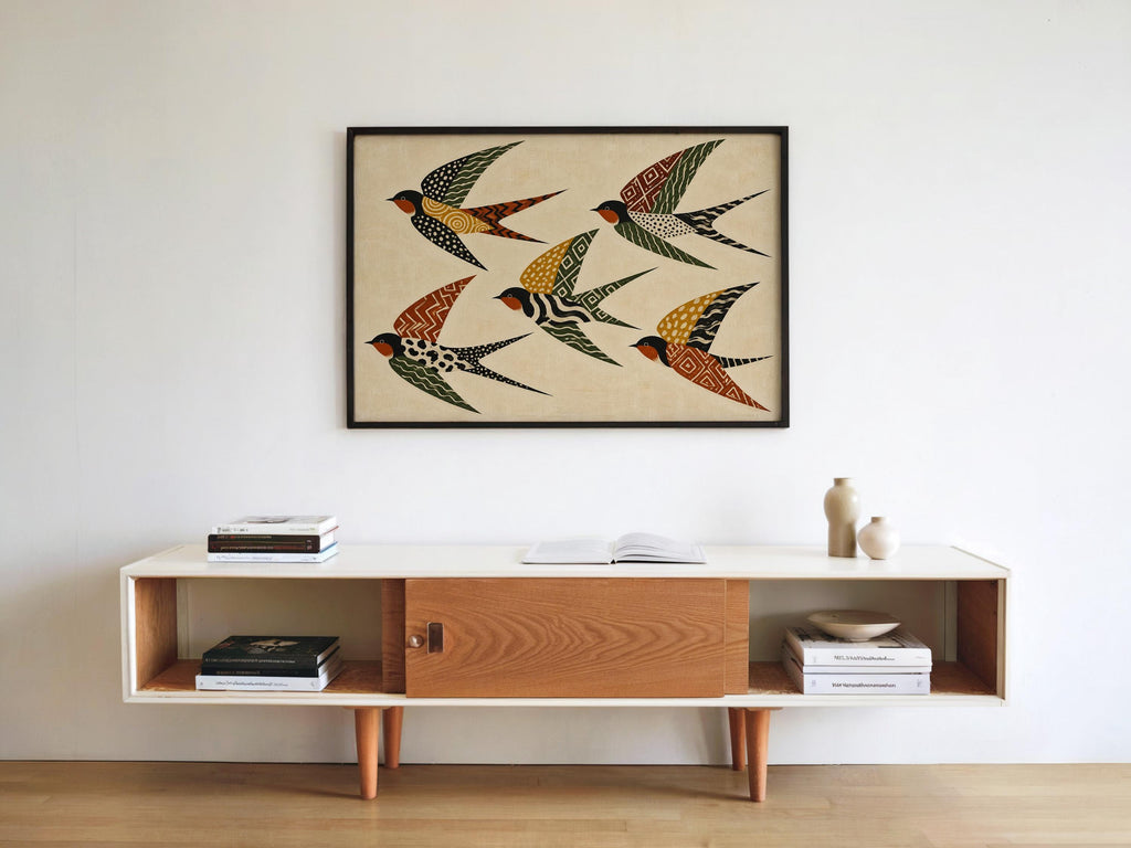 Folk Art Swallows Print, Geometric Bird Wall Decor, African Inspired Animals Poster, Earthy Rust Olive Mustard Artwork, Eclectic Living Room