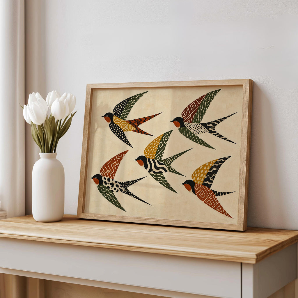 Folk Art Swallows Print, Geometric Bird Wall Decor, African Inspired Animals Poster, Earthy Rust Olive Mustard Artwork, Eclectic Living Room