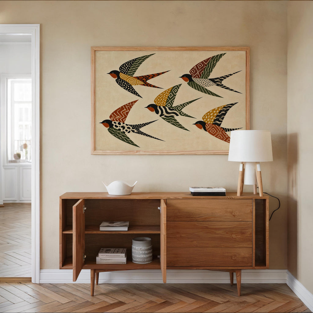 Folk Art Swallows Print, Geometric Bird Wall Decor, African Inspired Animals Poster, Earthy Rust Olive Mustard Artwork, Eclectic Living Room
