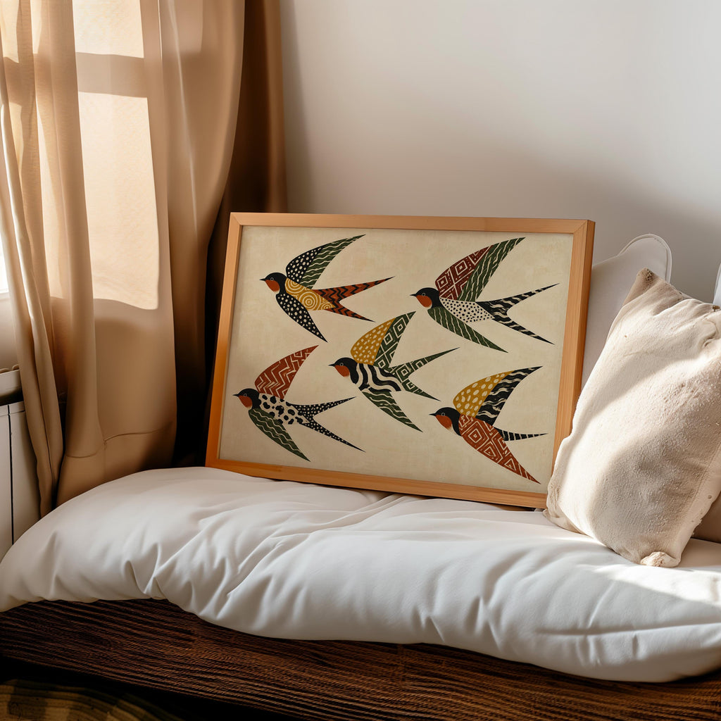 Folk Art Swallows Print, Geometric Bird Wall Decor, African Inspired Animals Poster, Earthy Rust Olive Mustard Artwork, Eclectic Living Room