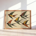 Folk Art Swallows Print, Geometric Bird Wall Decor, African Inspired Animals Poster, Earthy Rust Olive Mustard Artwork, Eclectic Living Room