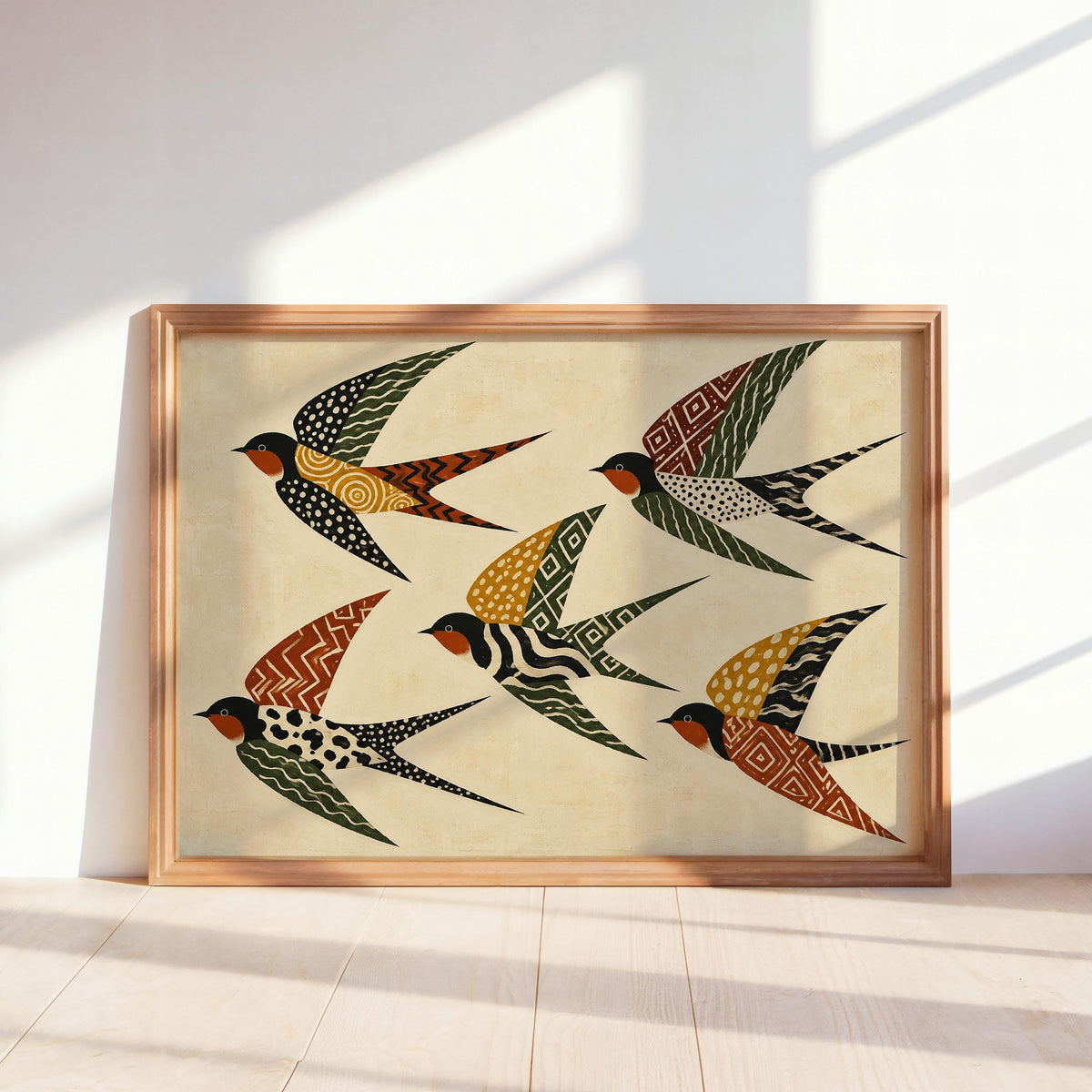 Folk Art Swallows Print, Geometric Bird Wall Decor, African Inspired Animals Poster, Earthy Rust Olive Mustard Artwork, Eclectic Living Room