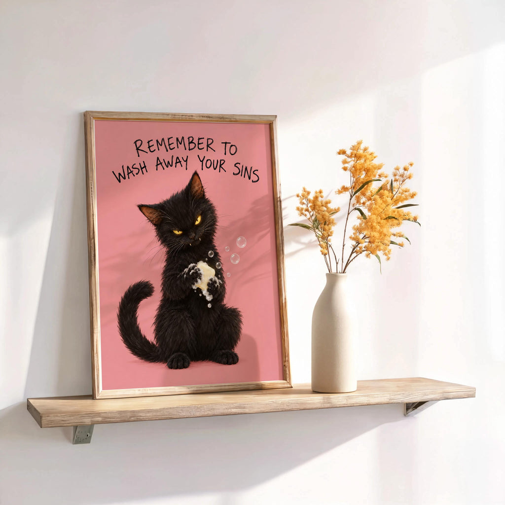 Funny Black Cat Bathroom Print, Remember to Wash Away Your Sins Wall Art, Quirky Restroom Quote Poster, Yellow Animal Loo Sign Decor
