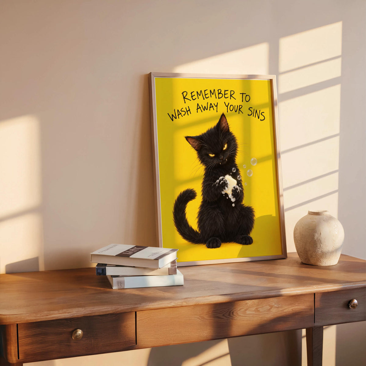 Funny Black Cat Bathroom Print, Remember to Wash Away Your Sins Wall Art, Quirky Restroom Quote Poster, Yellow Animal Loo Sign Decor