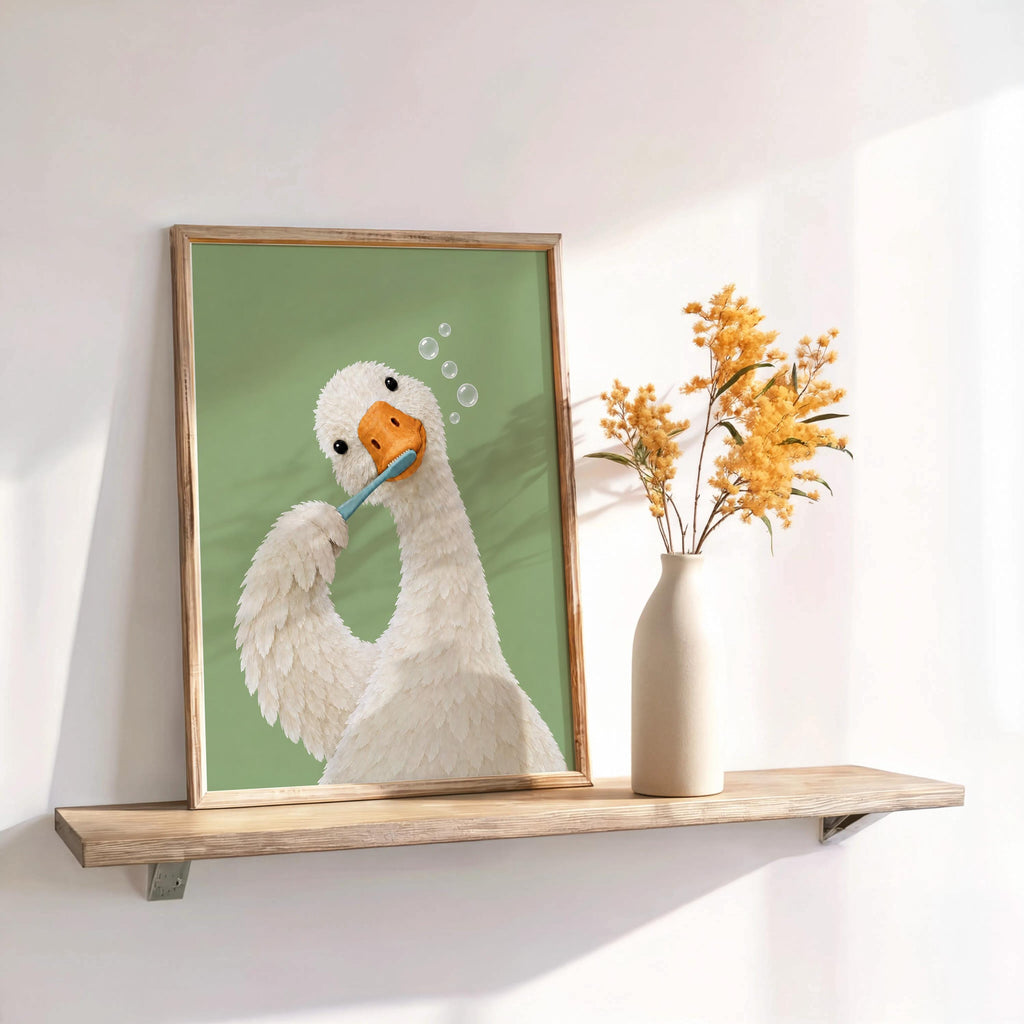 Silly Goose Brushing Teeth Print, Toothbrush Duck Wall Art, Funny Bathroom Poster, Animal Bath Decor, Fun Kids Decor, Nursery Illustration