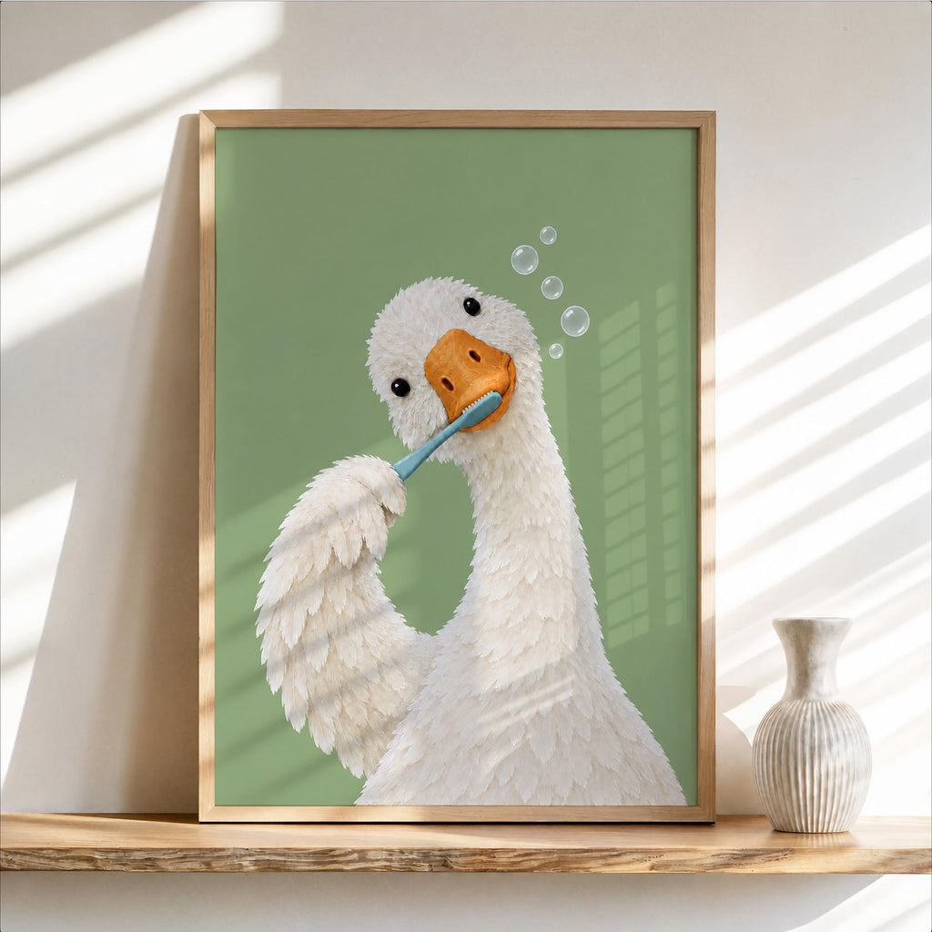 Silly Goose Brushing Teeth Print, Toothbrush Duck Wall Art, Funny Bathroom Poster, Animal Bath Decor, Fun Kids Decor, Nursery Illustration