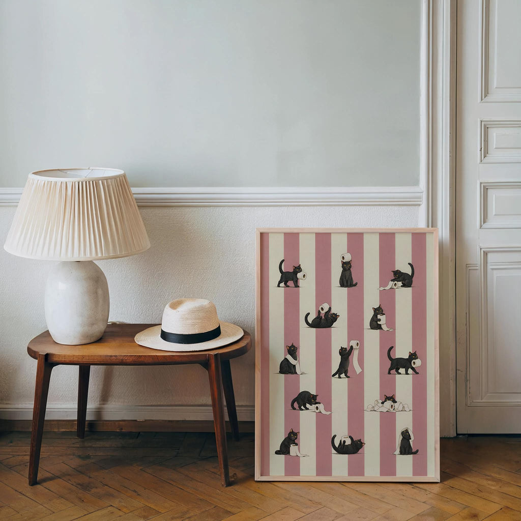 Cat Bathroom Print, Funny Toilet Paper Cats, Vintage Striped Animal Wall Art, Quirky Restroom Decor