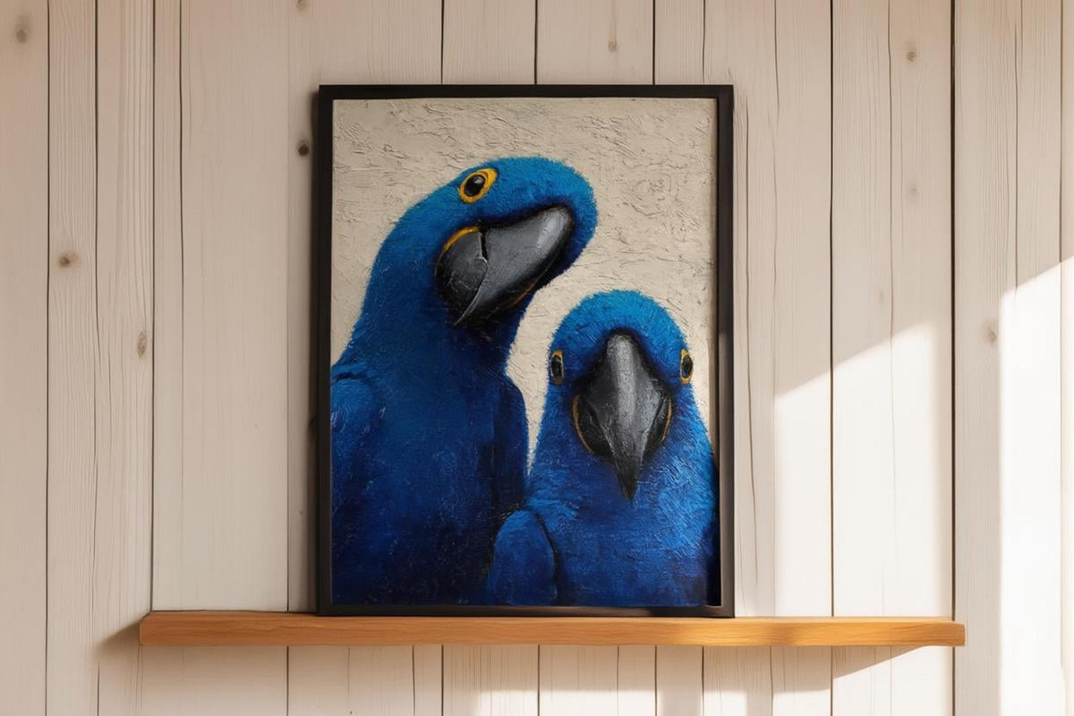 Framed blue macaw wall art on a narrow wooden shelf, rustic plank backdrop, painterly texture visible