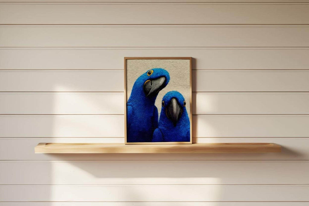 Centered small blue macaw wall art on a floating shelf, bright shiplap wall, playful parrot art print look