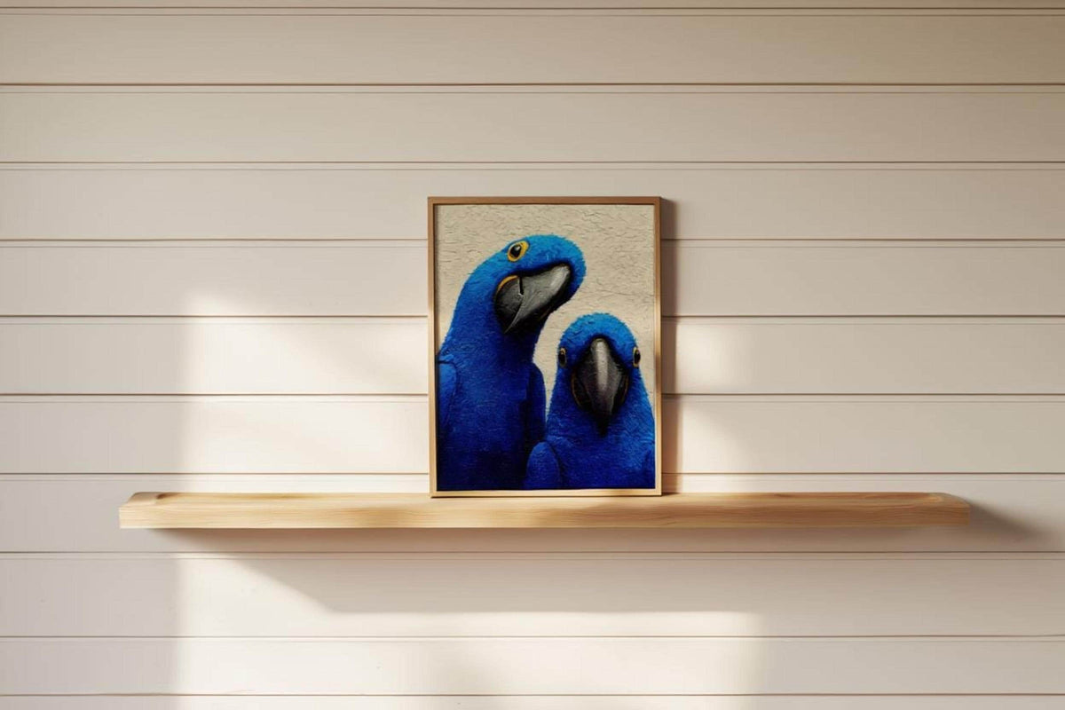 Centered small blue macaw wall art on a floating shelf, bright shiplap wall, playful parrot art print look