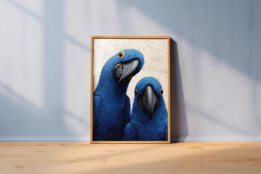 Framed blue macaw wall art on the floor, long sunlit shadows across the wide plank floorboards