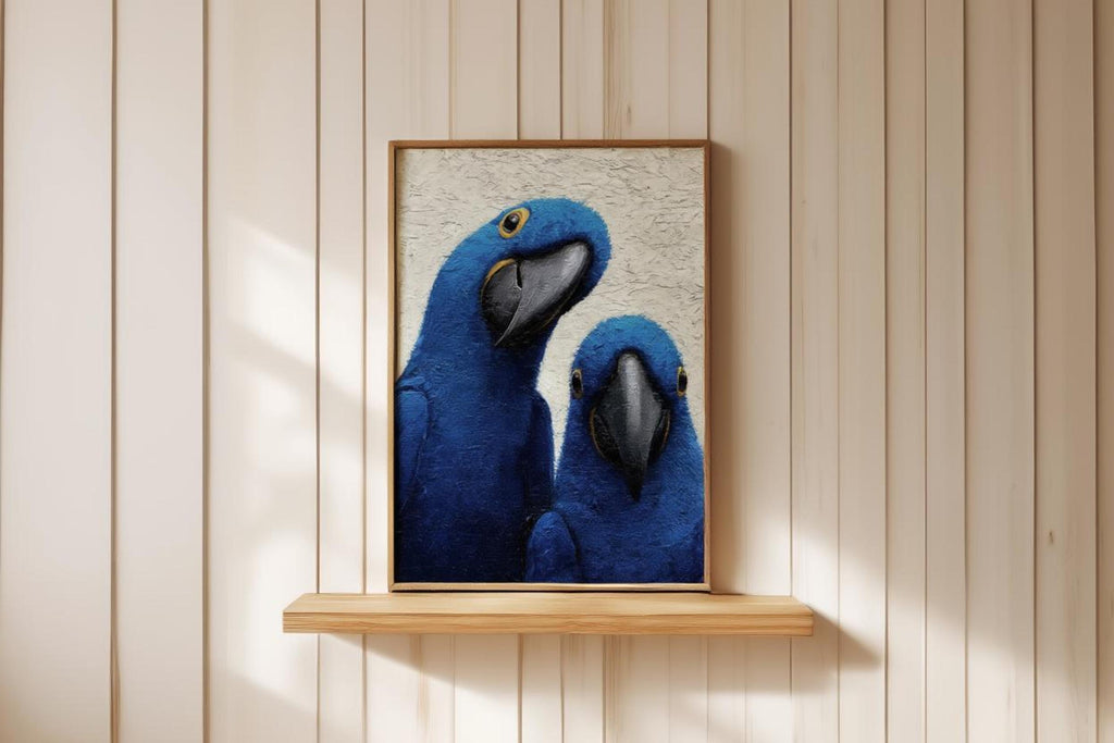 Blue macaw wall art centered on a slim shelf against vertical slat paneling, sunlight hitting the frame