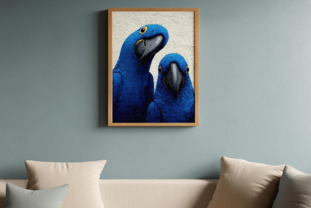 Blue macaw wall art hung over a sectional, tighter crop shows painterly feathers and yellow-rimmed eyes
