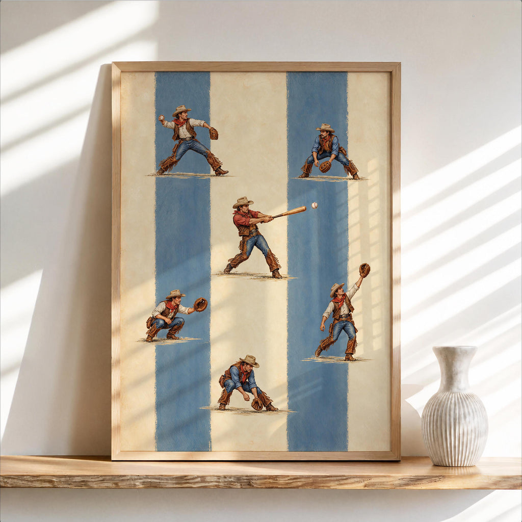 Cowboy Baseball Wall Art, Retro Striped Vintage Print, Western Americana Poster, Funny Southwestern Sports Decor