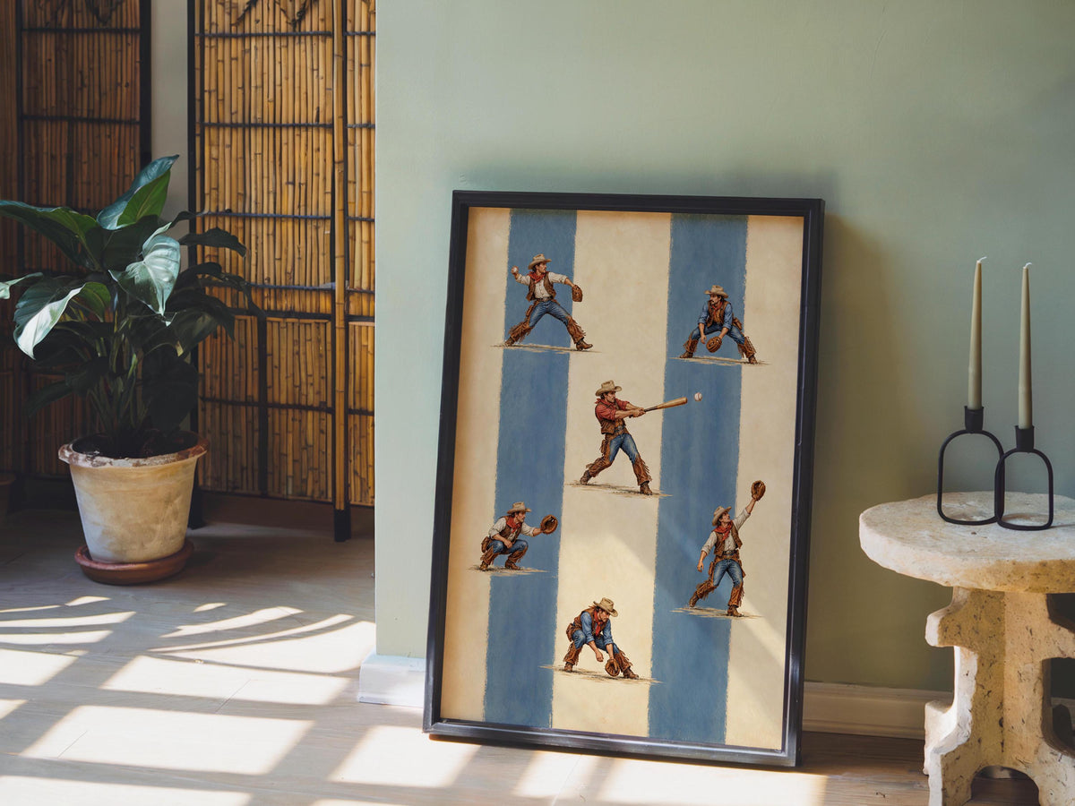 Cowboy Baseball Wall Art, Retro Striped Vintage Print, Western Americana Poster, Funny Southwestern Sports Decor