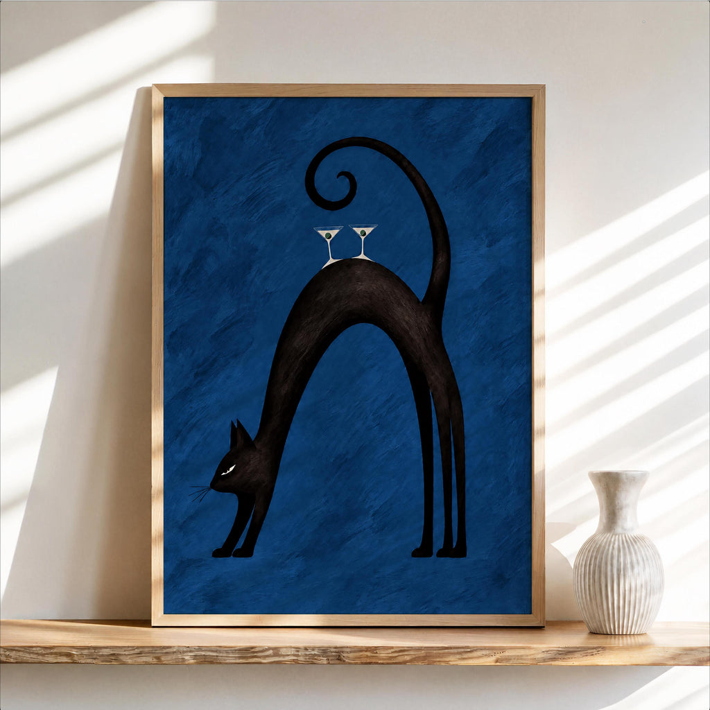 Black Cat Martini Wall Art, Abstract Pet Balancing Cocktails Print, Funny Bar Cart Poster, Retro Animal Lover Decor Gift