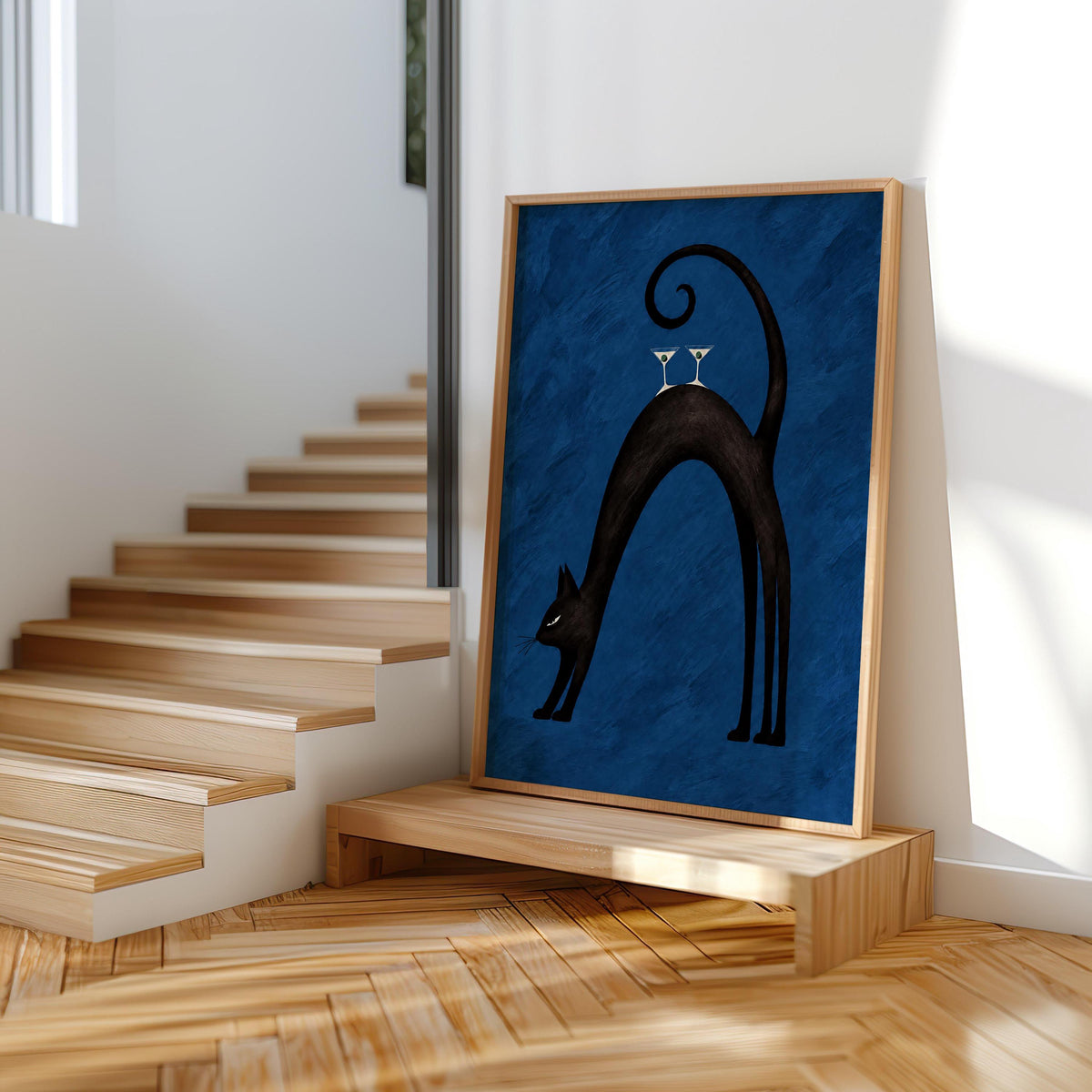 Black Cat Martini Wall Art, Abstract Pet Balancing Cocktails Print, Funny Bar Cart Poster, Retro Animal Lover Decor Gift