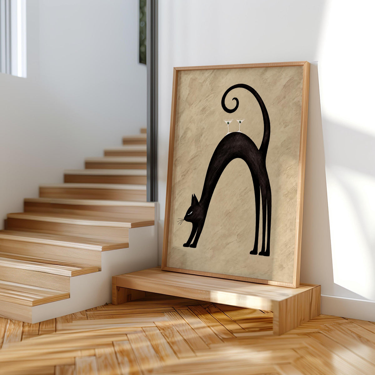 Black Cat Martini Wall Art, Abstract Pet Balancing Cocktails Print, Funny Bar Cart Poster, Retro Animal Lover Decor Gift