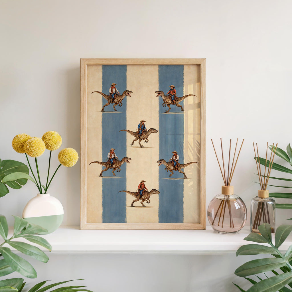 Cowboys Riding Dinosaurs Wall Art, Striped Vintage Print, Funny Western Dino Poster, Raptor Cowboy Decor, Americana Boys Room Nursery