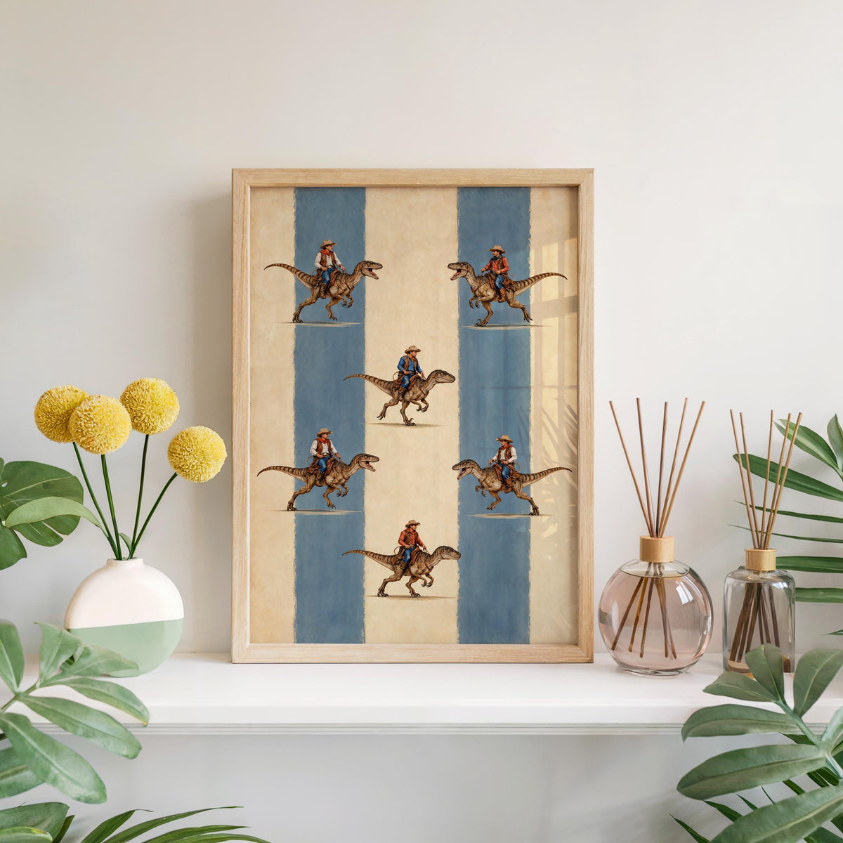 Cowboys Riding Dinosaurs Wall Art, Striped Vintage Print, Funny Western Dino Poster, Raptor Cowboy Decor, Americana Boys Room Nursery