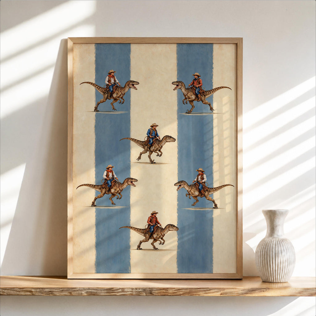 Cowboys Riding Dinosaurs Wall Art, Striped Vintage Print, Funny Western Dino Poster, Raptor Cowboy Decor, Americana Boys Room Nursery