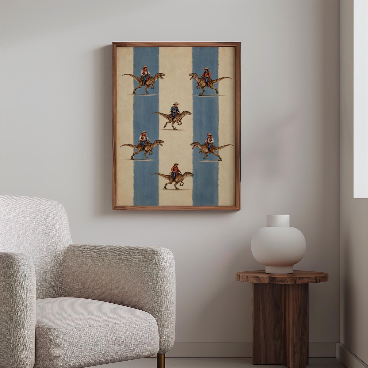 Cowboys Riding Dinosaurs Wall Art, Striped Vintage Print, Funny Western Dino Poster, Raptor Cowboy Decor, Americana Boys Room Nursery