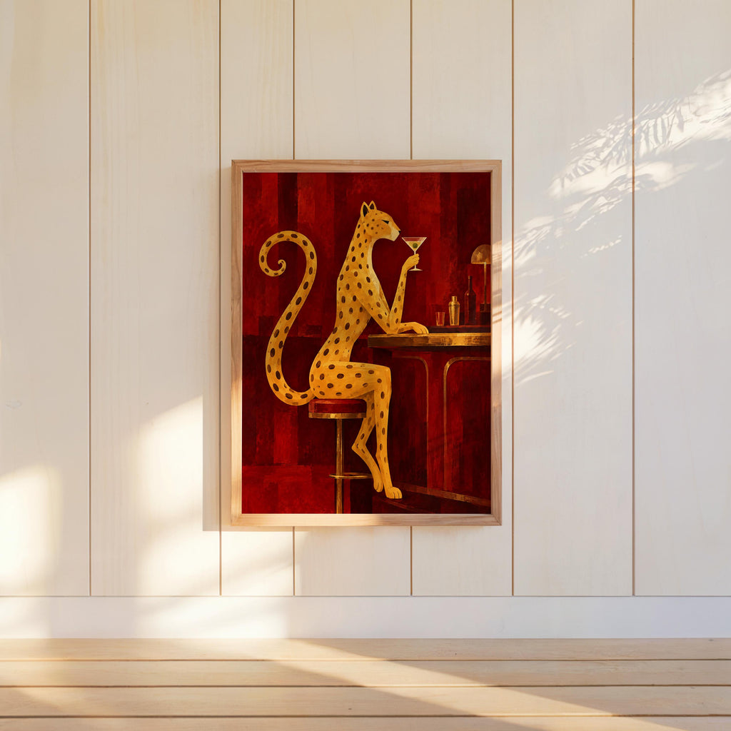 Leopard Drinking Cocktail Print, Red Martini Bar Wall Art, Abstract Big Cat Poster, Vintage Lounge Decor, Funny Feminine Canvas