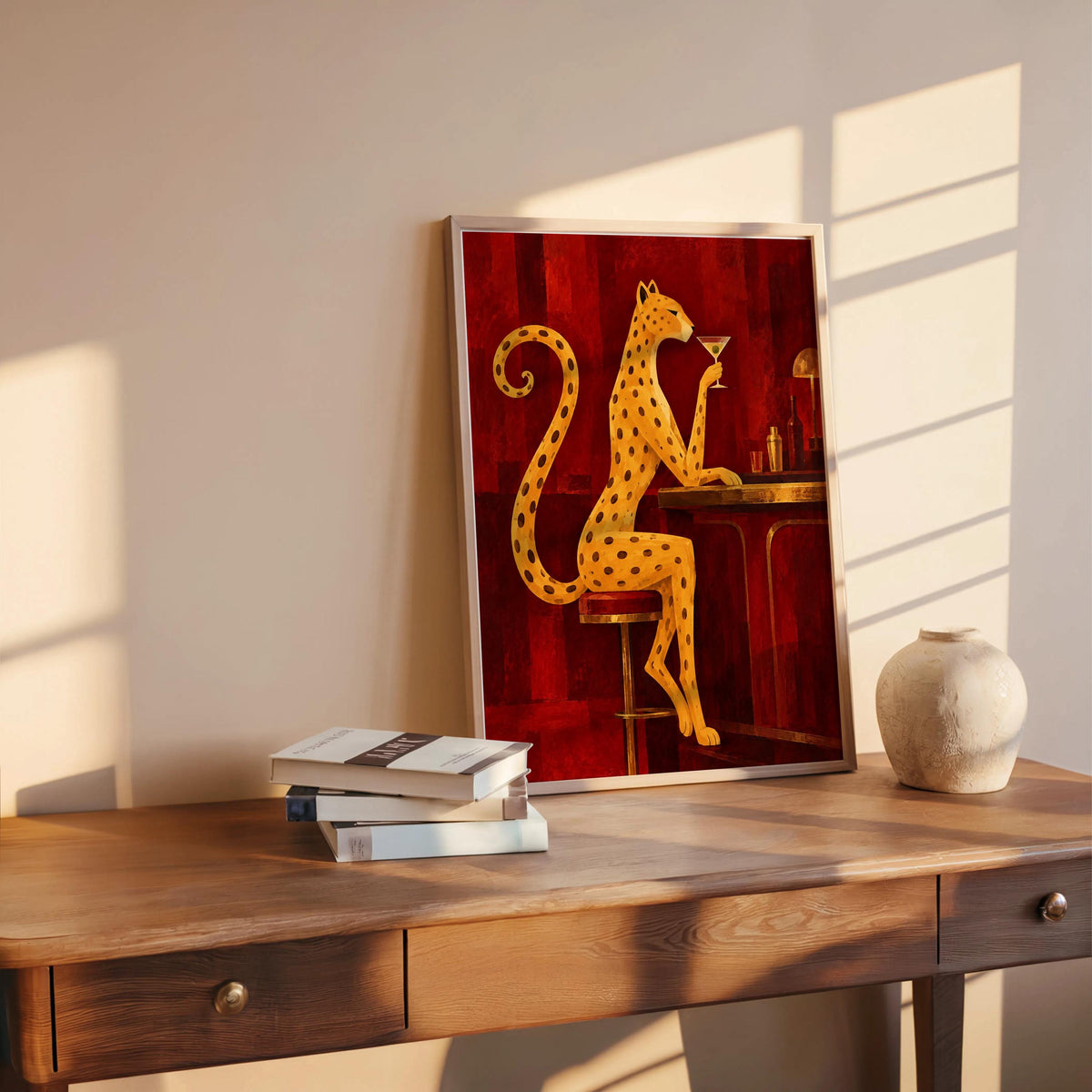 Leopard Drinking Cocktail Print, Red Martini Bar Wall Art, Abstract Big Cat Poster, Vintage Lounge Decor, Funny Feminine Canvas