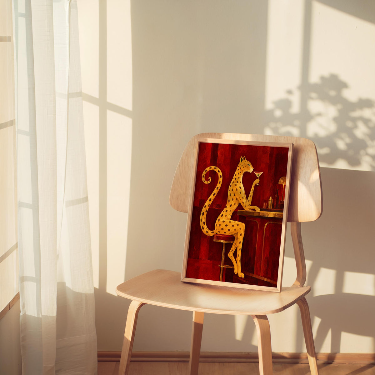 Leopard Drinking Cocktail Print, Red Martini Bar Wall Art, Abstract Big Cat Poster, Vintage Lounge Decor, Funny Feminine Canvas