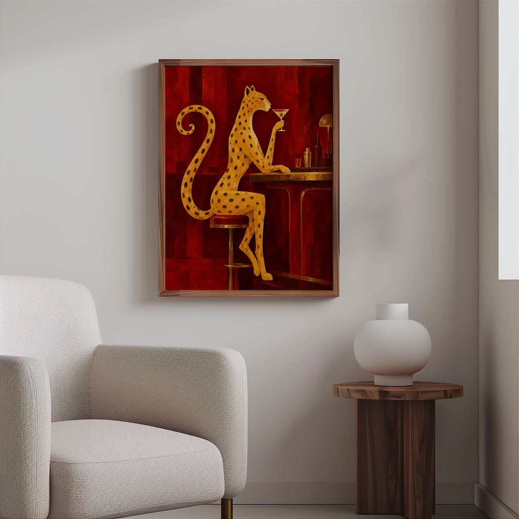 Leopard Drinking Cocktail Print, Red Martini Bar Wall Art, Abstract Big Cat Poster, Vintage Lounge Decor, Funny Feminine Canvas