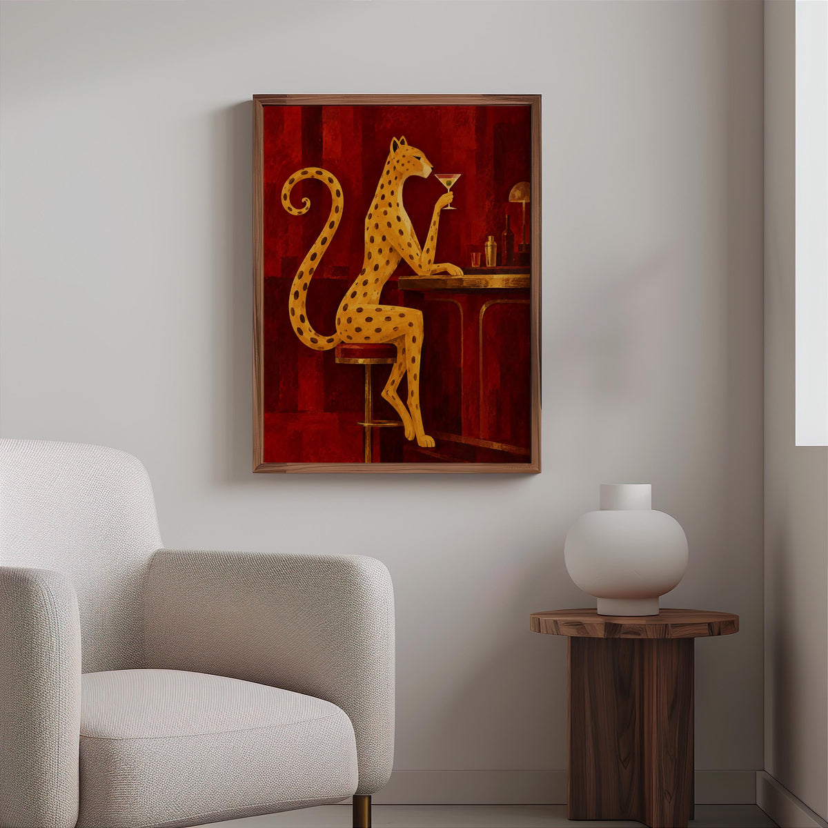 Leopard Drinking Cocktail Print, Red Martini Bar Wall Art, Abstract Big Cat Poster, Vintage Lounge Decor, Funny Feminine Canvas