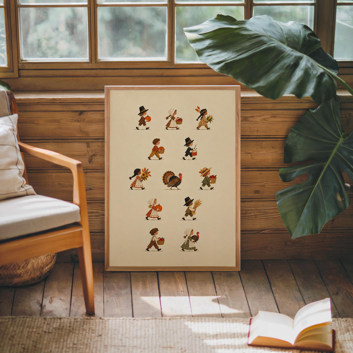 Thanksgiving Parade Wall Art, Vintage Pilgrim Kids Poster, Turkey Harvest Print, Fall Farmhouse Decor, Autumn Family Holiday Artwork