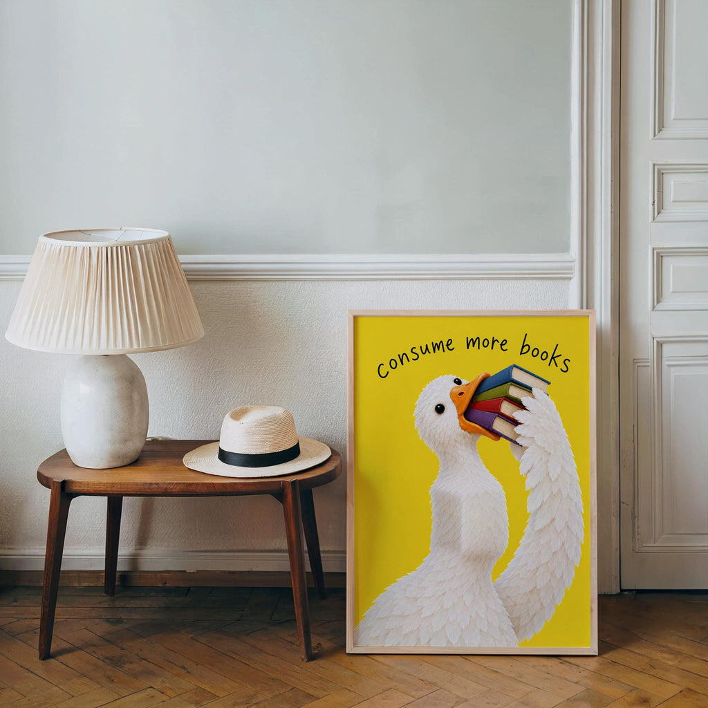 Consume More Books Goose Wall Art, Funny Reading Poster, Silly Goose Book Lover Print, Yellow Library Decor, Bookish Literary Gift