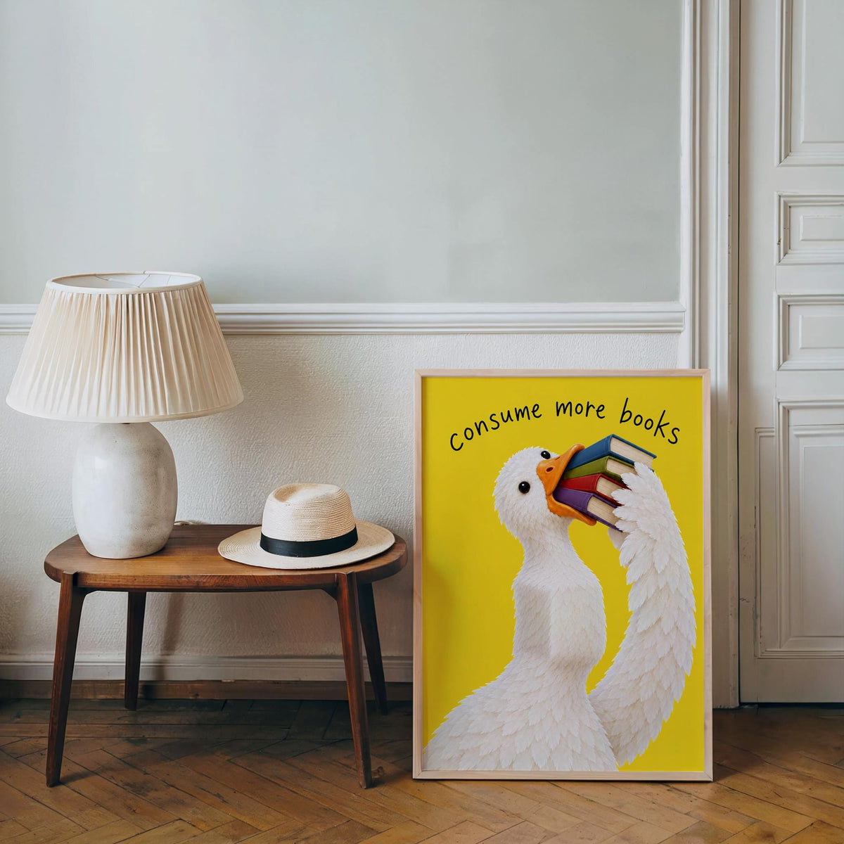 Consume More Books Goose Wall Art, Funny Reading Poster, Silly Goose Book Lover Print, Yellow Library Decor, Bookish Literary Gift