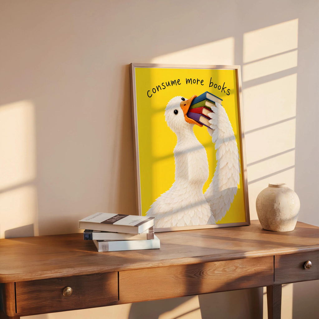 Consume More Books Goose Wall Art, Funny Reading Poster, Silly Goose Book Lover Print, Yellow Library Decor, Bookish Literary Gift