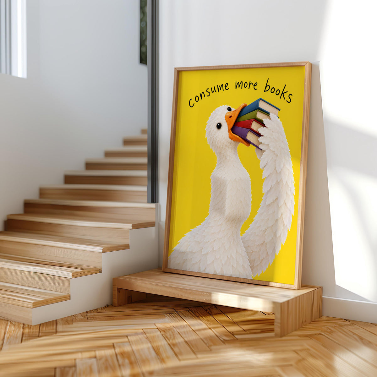 Consume More Books Goose Wall Art, Funny Reading Poster, Silly Goose Book Lover Print, Yellow Library Decor, Bookish Literary Gift