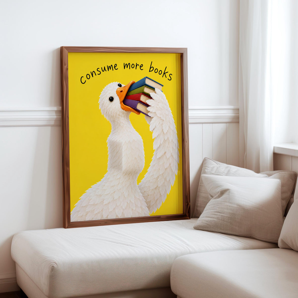 Consume More Books Goose Wall Art, Funny Reading Poster, Silly Goose Book Lover Print, Yellow Library Decor, Bookish Literary Gift