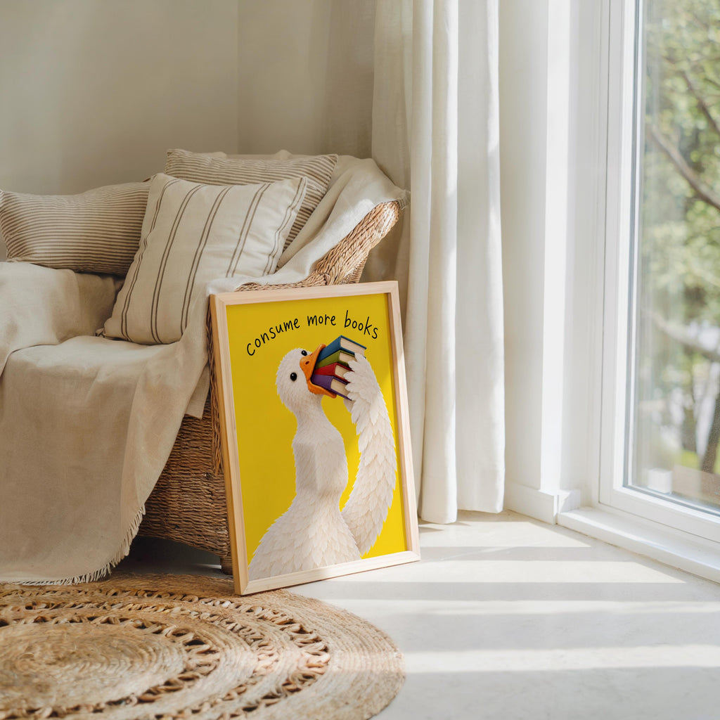 Consume More Books Goose Wall Art, Funny Reading Poster, Silly Goose Book Lover Print, Yellow Library Decor, Bookish Literary Gift