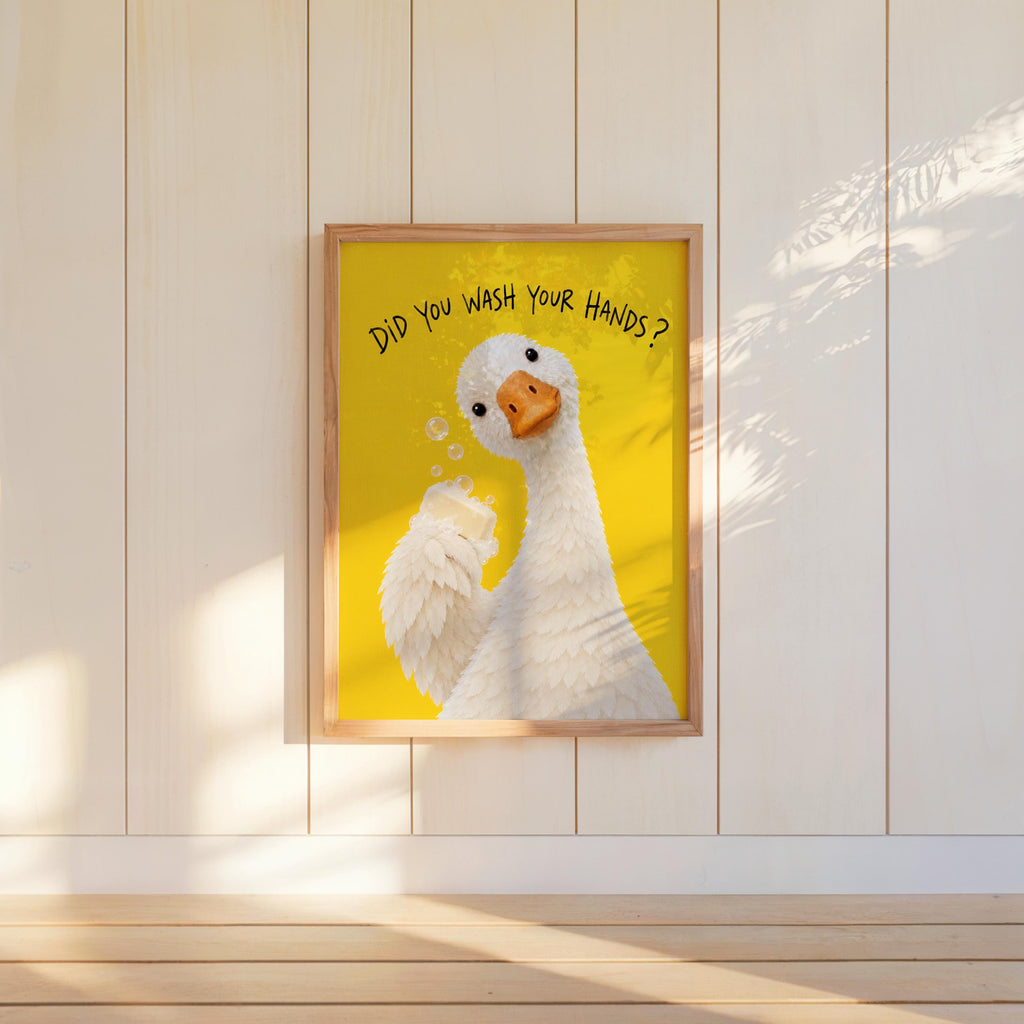 Did You Wash Your Hands Goose Wall Art, Funny Bathroom Poster, Soap Bird Print, Yellow Kids Washroom Decor, Silly Duck Restroom Hygiene Sign