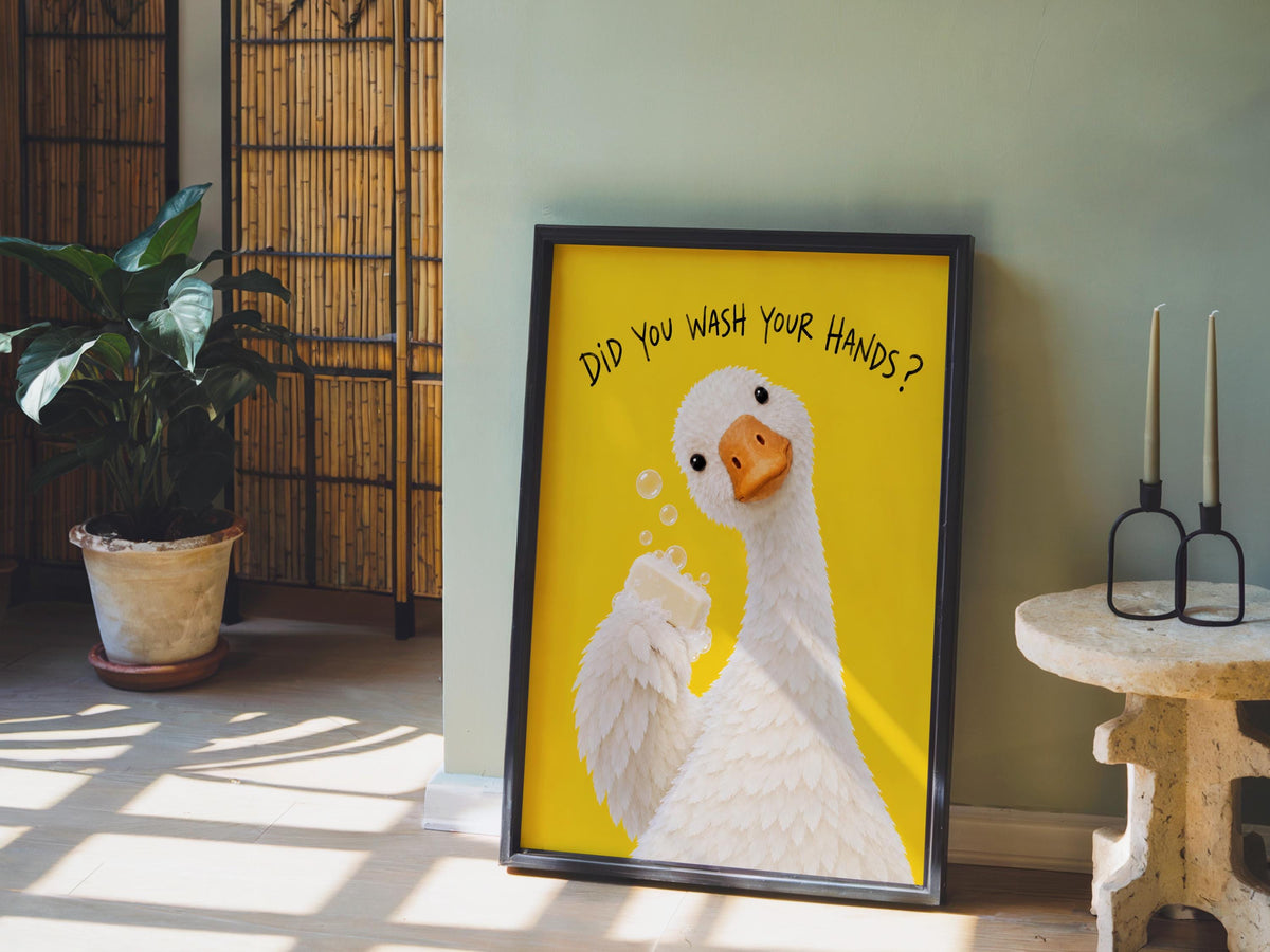 Did You Wash Your Hands Goose Wall Art, Funny Bathroom Poster, Soap Bird Print, Yellow Kids Washroom Decor, Silly Duck Restroom Hygiene Sign