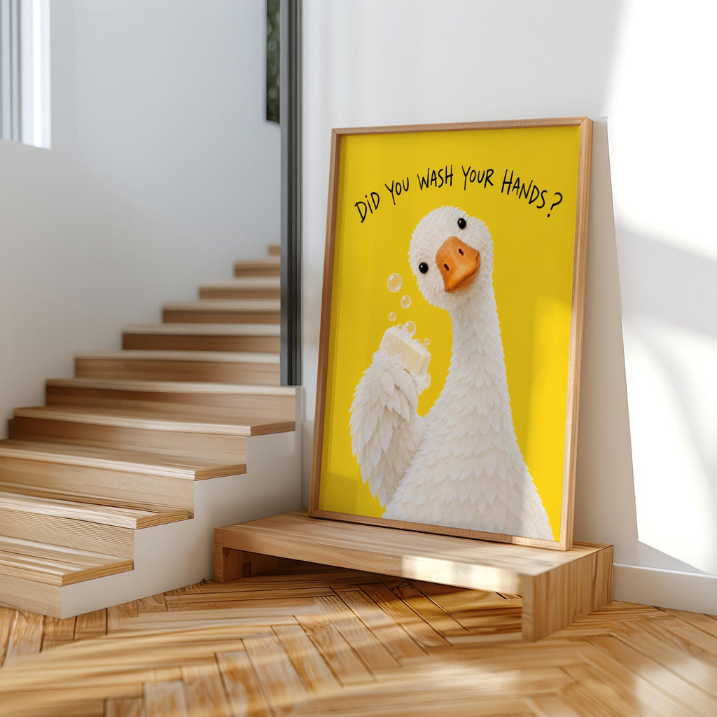 Did You Wash Your Hands Goose Wall Art, Funny Bathroom Poster, Soap Bird Print, Yellow Kids Washroom Decor, Silly Duck Restroom Hygiene Sign