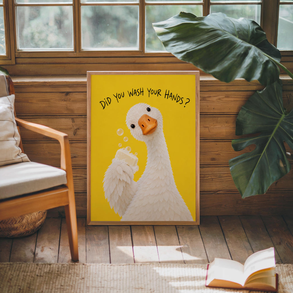 Did You Wash Your Hands Goose Wall Art, Funny Bathroom Poster, Soap Bird Print, Yellow Kids Washroom Decor, Silly Duck Restroom Hygiene Sign