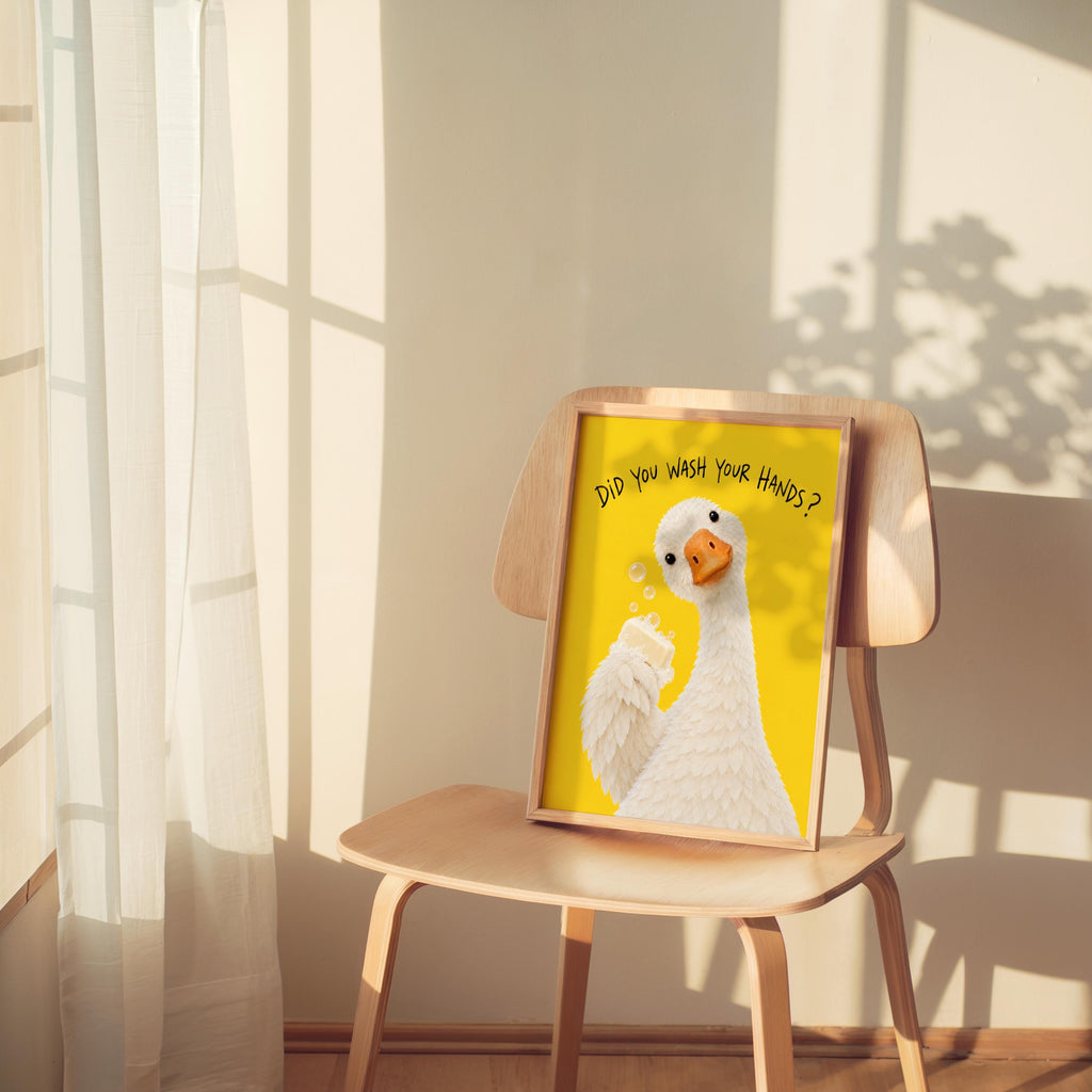 Did You Wash Your Hands Goose Wall Art, Funny Bathroom Poster, Soap Bird Print, Yellow Kids Washroom Decor, Silly Duck Restroom Hygiene Sign