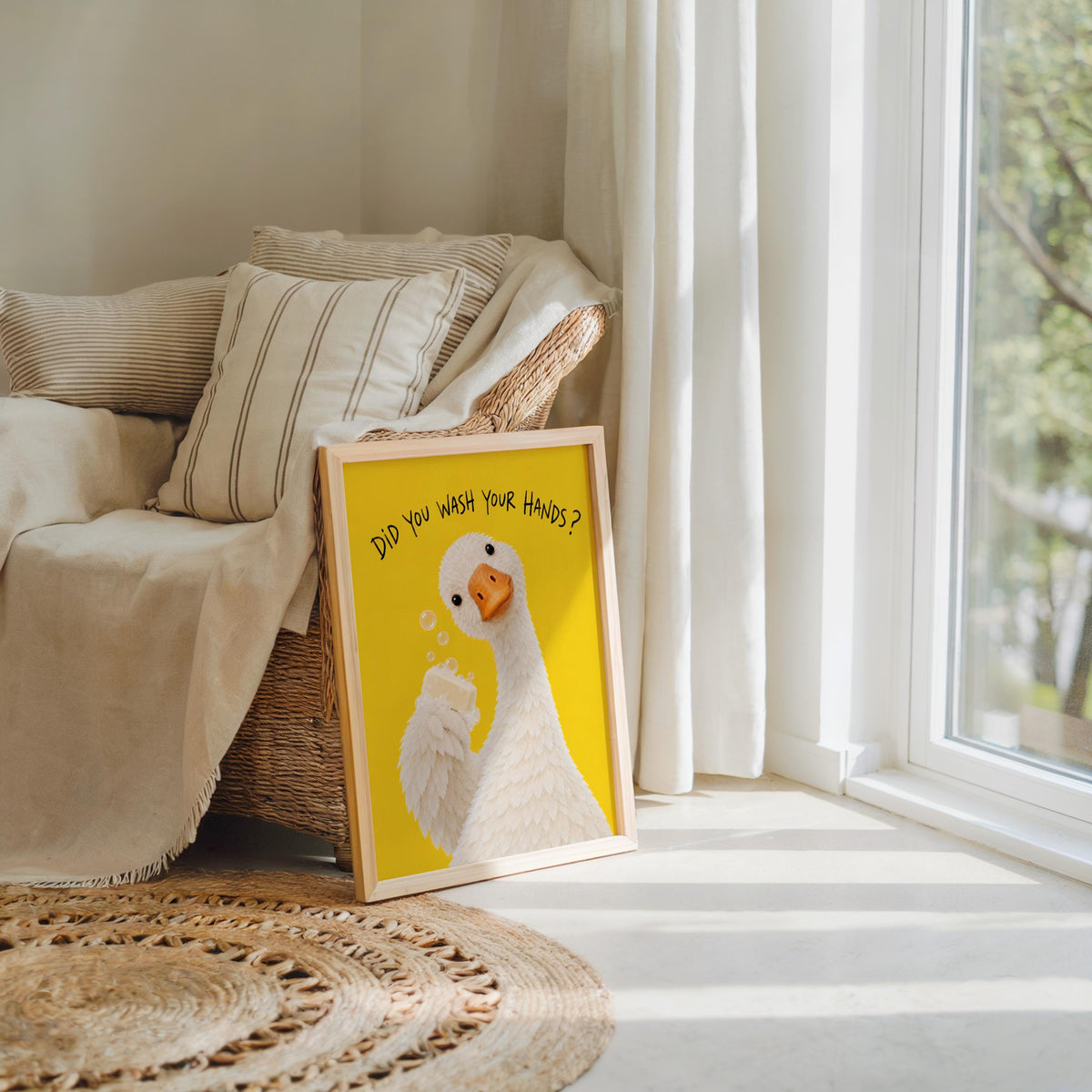 Did You Wash Your Hands Goose Wall Art, Funny Bathroom Poster, Soap Bird Print, Yellow Kids Washroom Decor, Silly Duck Restroom Hygiene Sign